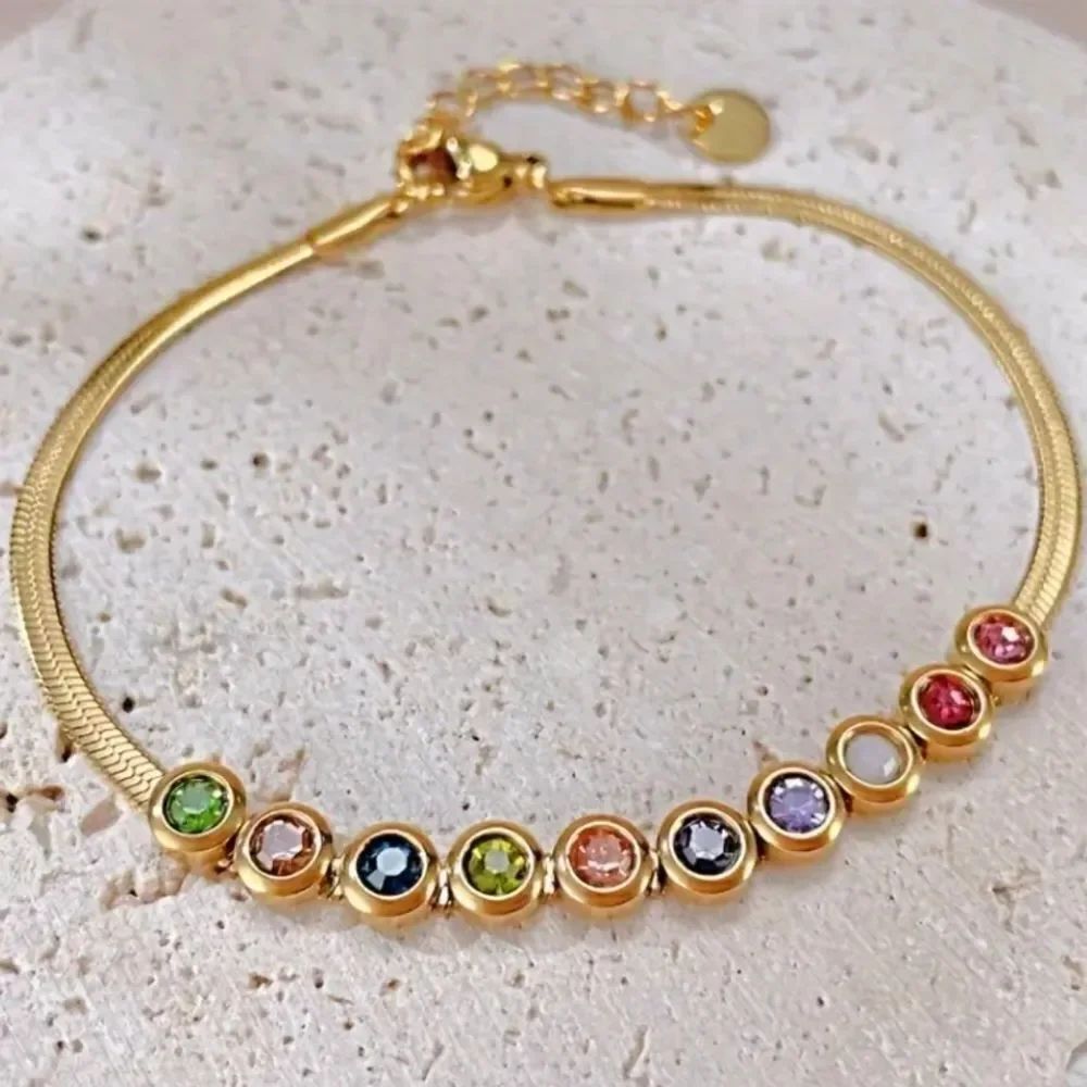 Titanium Steel Gold Multi Colored Rhinestone Bracelet - Picture 5 of 5